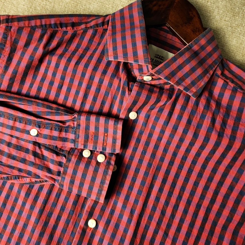 Ben‎ Sherman Button Down Shirt Men L Red Navy Gingham Check Tailored Long Slv